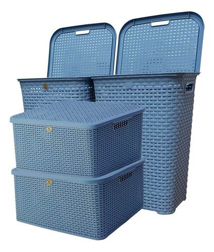 Paquete 4 Cestos Canastas Organizadores Con Tapa Ropa Color Azul Acero Liso