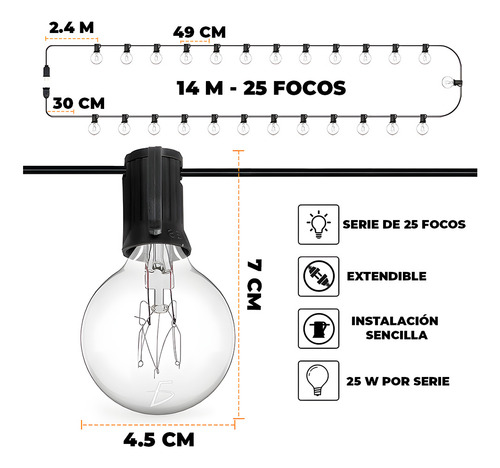 Guirnalda De Luces 7.5mts 25 Bombillas Vintage Para Exterior Luces Blanco