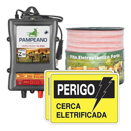 Kit Cerca Rural Eletrificador Pa0300 + Fita Elétroplást 200m