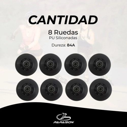 Ruedas Patines Goma Pu 76 Mm 8 Unidades Con Rodamiento Abec9 Color Negro