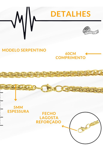 Corrente Masculino 60cm Grossa 5mm Trançada Aço Inox Dourado