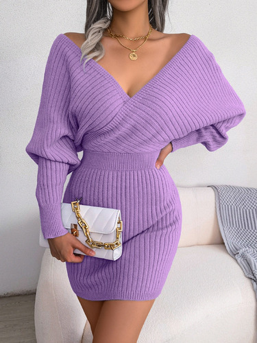 Vestido Elegante Dama De Punto Cuello En V Manga Larga