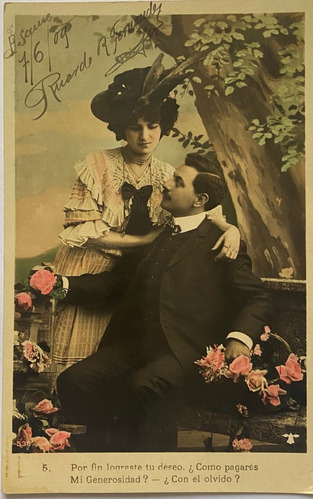 Antigua Postal Romántica, Año 1909, Pareja, Pintura,  Pr21