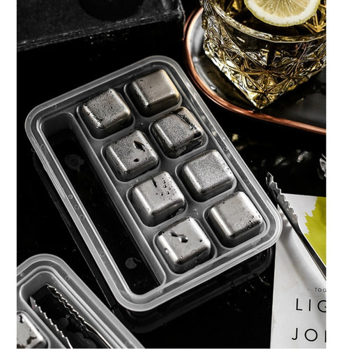 Conjunto 8 Cubos Gelo Aço Inox + Pinça Reutilizáveis Whiskey