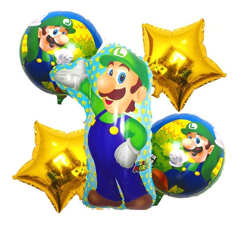 Globo Metalizado Luigi Bouquet 5 Pcs Super Mario Bros