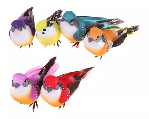 6 pájaros decorativos emplumados - colores pastel