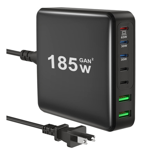 Anqadr Cargador Usb C De 185 W, 7 Puertos Fast Gan Usb Estac