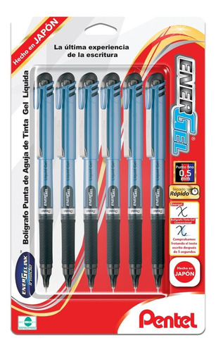 Bolígrafo Pentel Energel Bln15bp6 Tinta Gel Líquida 0.5mm 6u Color De La Tinta Negro Color Del Exterior Azul Claro