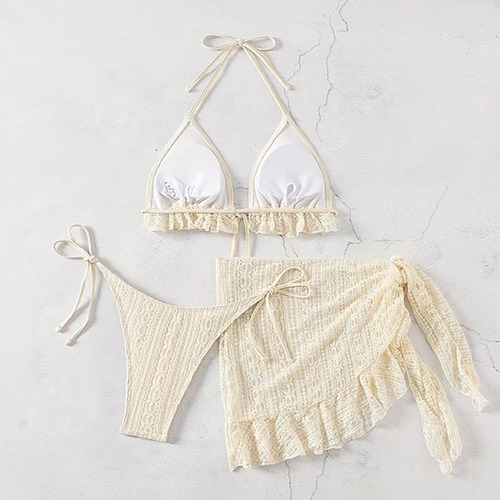 Bikini De 3 Piezas Con Encaje Floral Y Falda Pareo,volantes