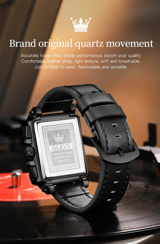 Reloj Olevs Square Chronograph Fashion Para Hombre, Piel Neg