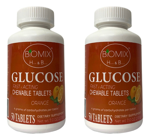 Glucosa De Acción Rápida Masticables 2 Frascos 50 Tabletas Sabor Biomix - Naranja