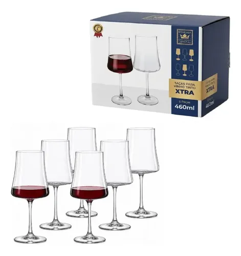 6 Taças Cristal Vinho Tinto Branco 460ml Linha Xtra Titanio Incolor BOHEMIA