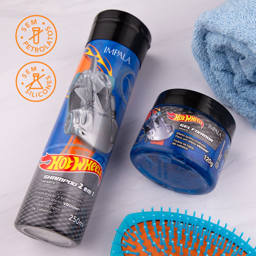 Kit Shampoo 2 Em 1 Gel Fixador Kids Hot Wheels Prata Impala
