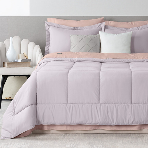 Set 7 Pzas. Edredón King Size +Fundas de almohada + Juego de Sabanas Real Textil Lavanda/Palo de rosa