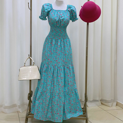 Imagem 3 de 7 de Vestido Longo Evasê Ciganinha Ombro A Ombro Azul