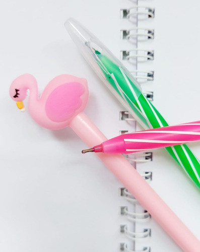 Kit Papelaria Flamingo Caderno Canetas Clips Washi Tape Etc