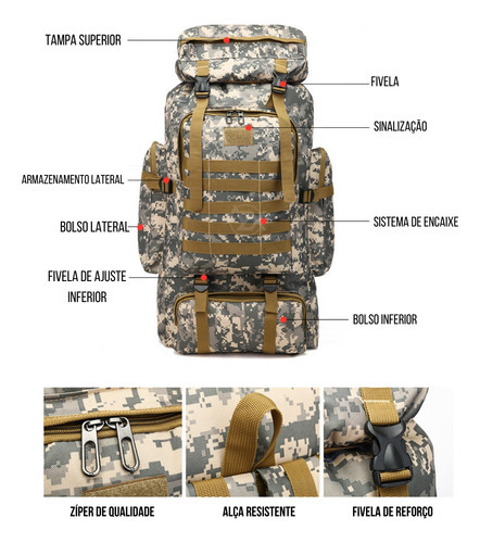 Mochila táctica militar grande, impermeable, reforzada, de 80 litros, color camuflaje, M1