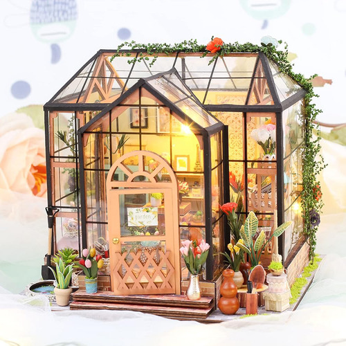 Camewin Kit De Casa Minúscula DIY Sala De Flores, Com Luz LED E Tampa De Acrílico, Presentes Para Familiares E Amigos