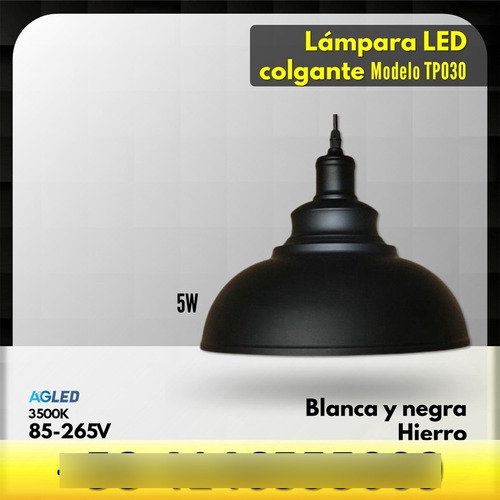 Lampara Led Colgante 5w Blanco 3500k Ac85-265v Iron Tp030