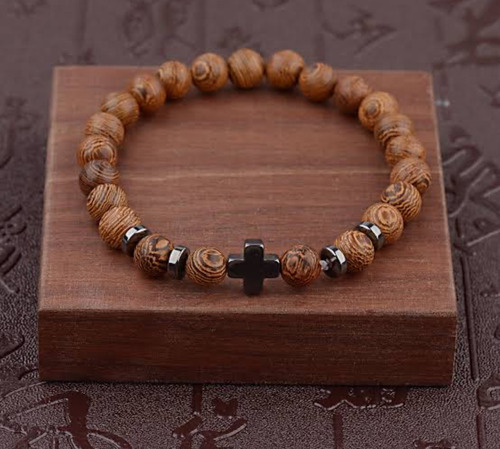 Pulsera De Piedra Natural Con Cruz Acero Brazalete Ajustable Café 17.5 Cm 17.5 Cm