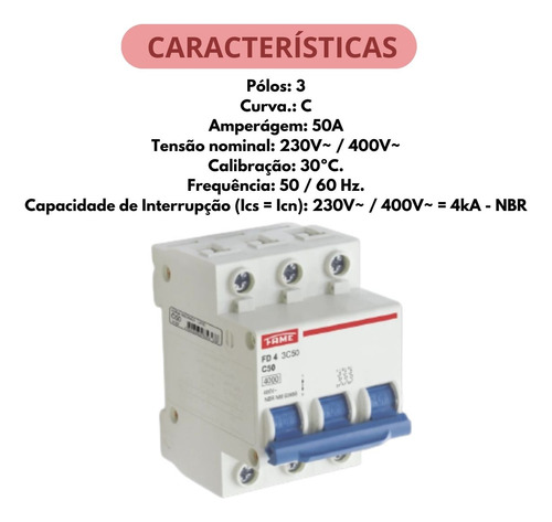 Disjuntor Din Fd Tripolar 3p 50a Condutor 10mm