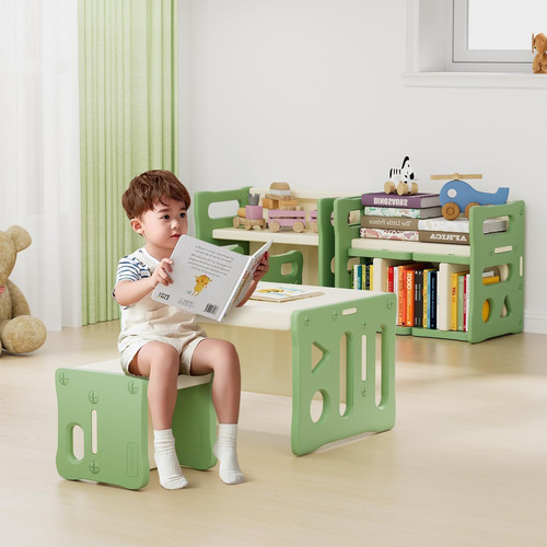 Mesa Y 2 Sillas De Plástico Para Niños Color Verde