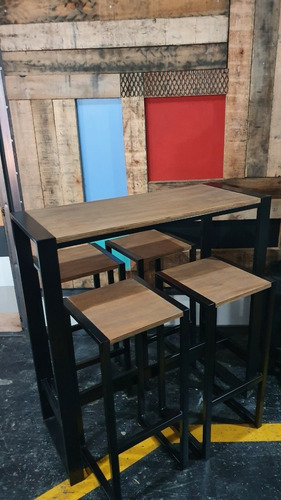 Mesa Barra Desayunadora Hierro Y Madera 100x40 + 4 Taburetes