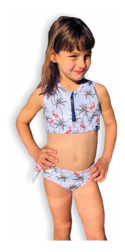 Imagen 4 de 8 de Malla Bikini Surf Niña Uv Upf50+ Top Cierre + Bombi Flamenco