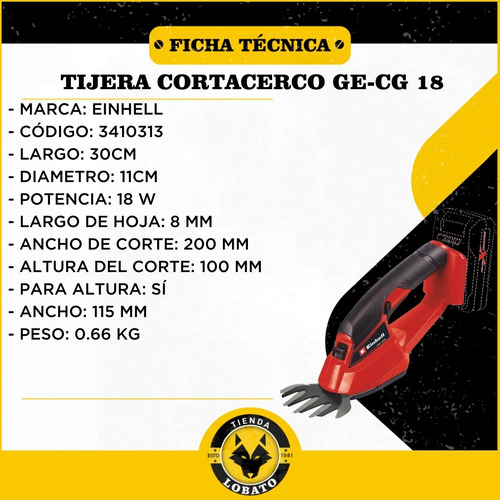 Imagen 6 de 10 de Tijera Cortacerco Podadora Einhell + Bateria 2.5ah Ge-cg 18l
