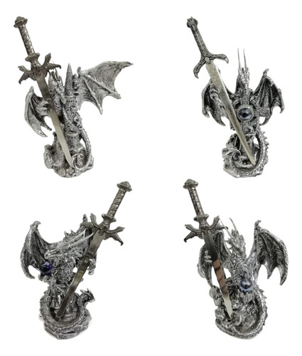 4 Figuras De Dragon Medieval Con Espada De Acero Inoxidable