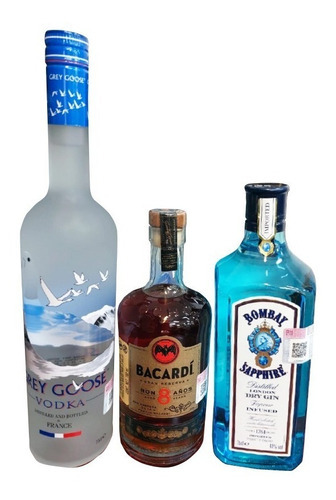 Pack 3 Bt Grey Goose 750+1 Bt Bacardi 8 +2 Bt Gin Bombay 750
