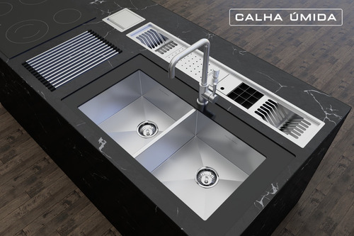 Imagem 2 de 7 de Cuba Dupla Inox Quadrada Pia C/ Válvula 80x40 Embutir