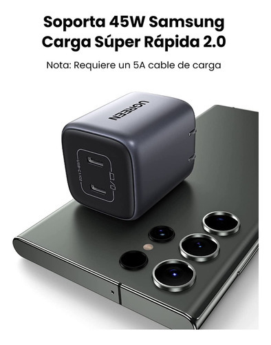 Cargador Carga Rápida Doble Puerto USB C de 45w Ugreen para iPhone, Macbook, iPad, Samsung, de color Gris
