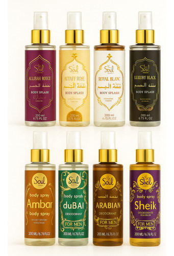 Body Splash Perfume Árabe Desodorante Colônia Spray 200ml Soul Cosméticos Variações Royal Blanc Allibah Rouge Luxury Black