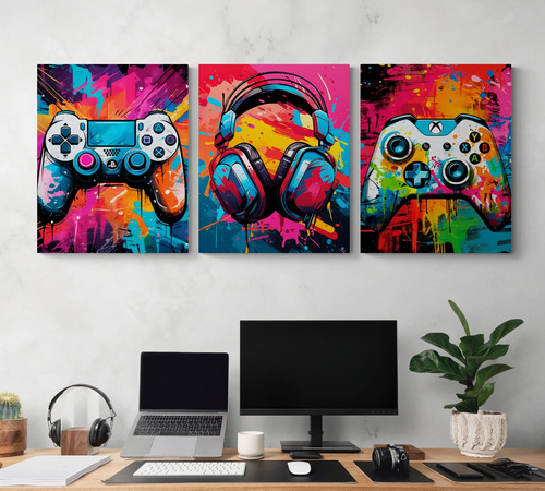 Set 3 Cuadros Canvas Gamer Graffiti 