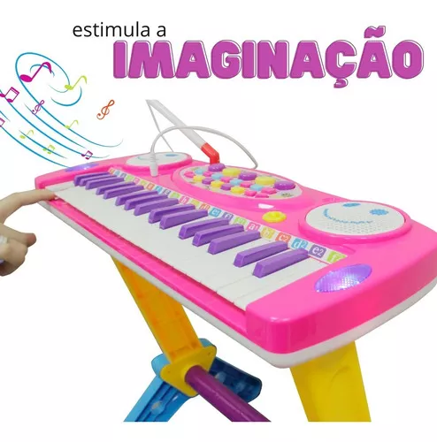 Teclado Infantil Musical Piano 37 Músicas com Microfone Rosa