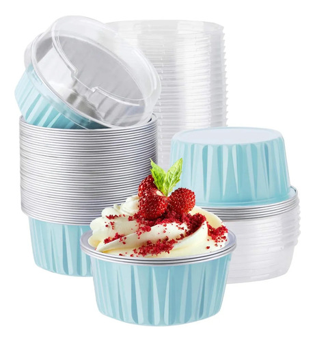 Banna 100 Moldes Redondos De Aluminio Para Cupcakes Con Tapa, 5 Oz/150ml Moldes Para Tartas, Molde Redondos De Aluminio Para Tartas, Para Picnics, Barbacoas, Camping, Bodas, Fiestas,Azul