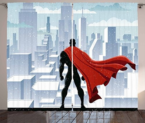 Superheroe Cortinas De Ambesonne Heroe Vigilando Ciudad En