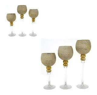 Juego De 3 Copas Portavelas Líneas Verticales Dorado 