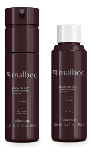 Kit Malbec: Body Spray Desodorante 100ml + Refil 100ml Fragrância malbec