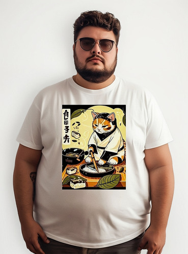 Polera Grande Hombre Cx Gato Chef Cocinando Sushi Alegría