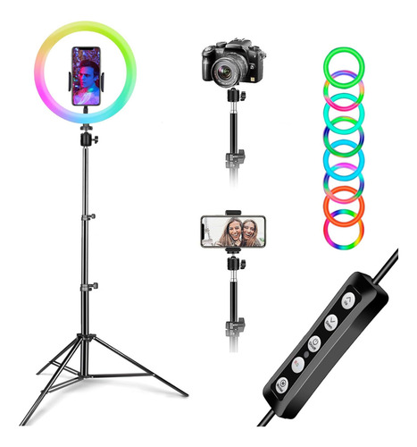 Aro De Luz Led Rgb 10 Con Trípode Abatible De 2m Y Soporte