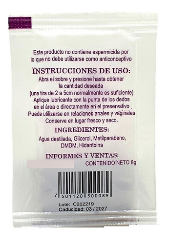 Lubricante Intimo A Base De Agua Sobre Con 8ml Caja C/50 Pza Sabor Sin Sabor Zenskki Medic