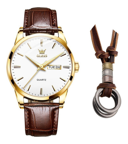 Relógio Masculino De Luxo Dourado Casual + Cordão Ajustável Cor da correia Marrom Cor do fundo Branco