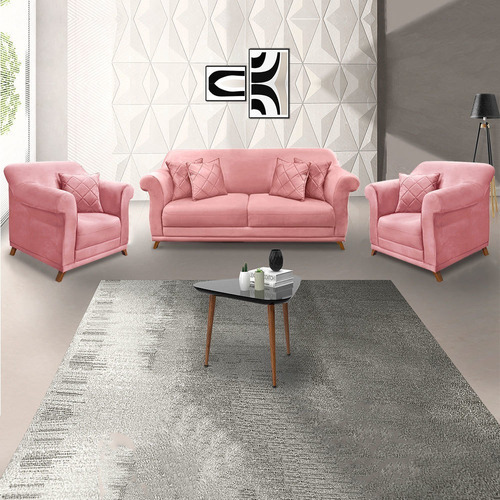 2 Poltronas E Sofá Living 2 Lugares 1,80m Vênus Veludo Rosa