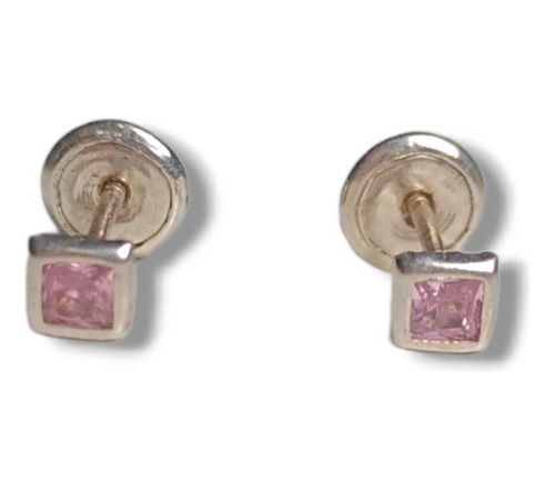 Aros De Plata Ley 925 Diseño Cuadrado Cristal Rosa Con Tope