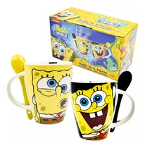 Comprar Juego De 2 Tarros De Cerámica Con Cuchara Bob Esponja 310 Ml Amarillo Bob Esponja