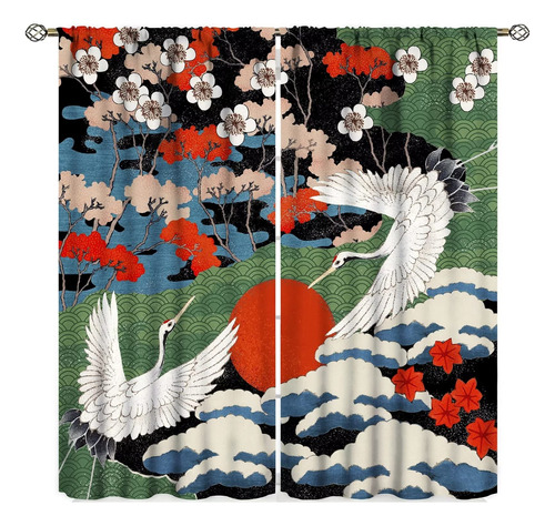 Cortina Estilo Japon Asiatico Diseño Grafico Grua Flor Para