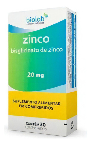 Zinco 20mg Suplemento Alimentar Com 30 Comprimidos - Biolab Sabor Sem Sabor