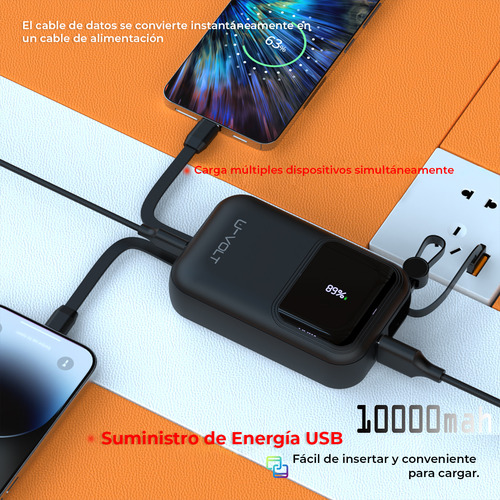 Power Bank Batería Portátil 10000mah Carga Rápida 22.5w Con 3 Cables Incorporados Tipo C Iph Usb Pantalla Digital U-volt Cargador Compatible Con iPhone Samsung Motorola Xiaomi Huawei Color Negro